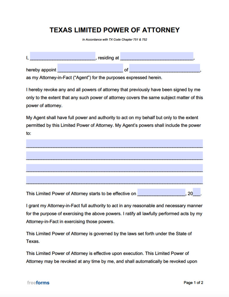 Free Texas Limited Special Power Of Attorney Form Pdf Word 7824