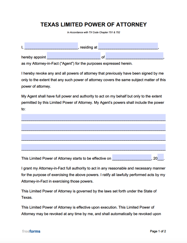 Free Texas Limited (Special) Power of Attorney Form PDF WORD