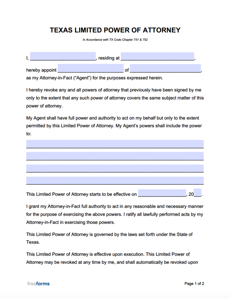 Free Texas Limited Special Power Of Attorney Form PDF WORD