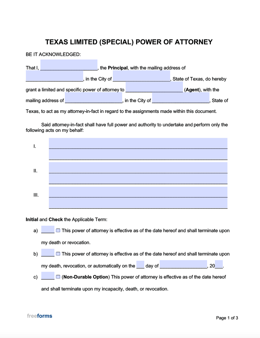 Texas Power Of Attorney Form Free Printable
