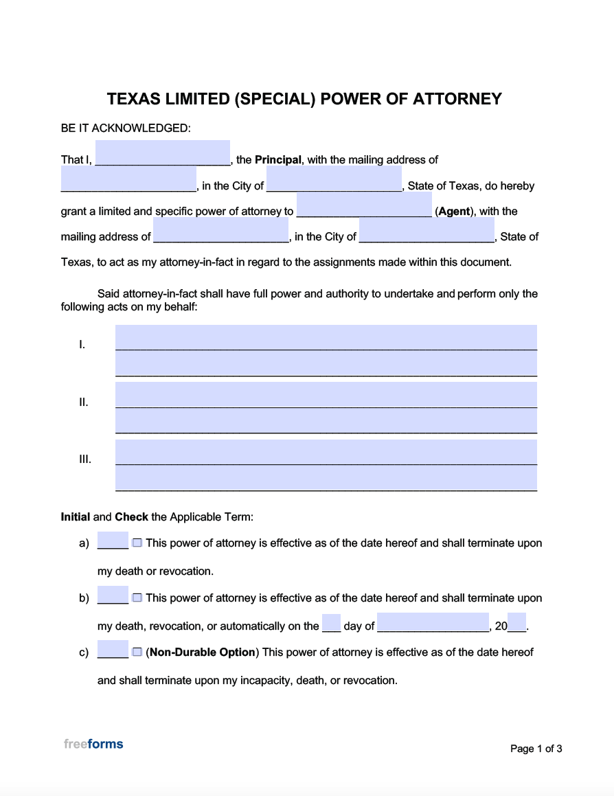 Free Texas Limited (Special) Power of Attorney Form  PDF  WORD