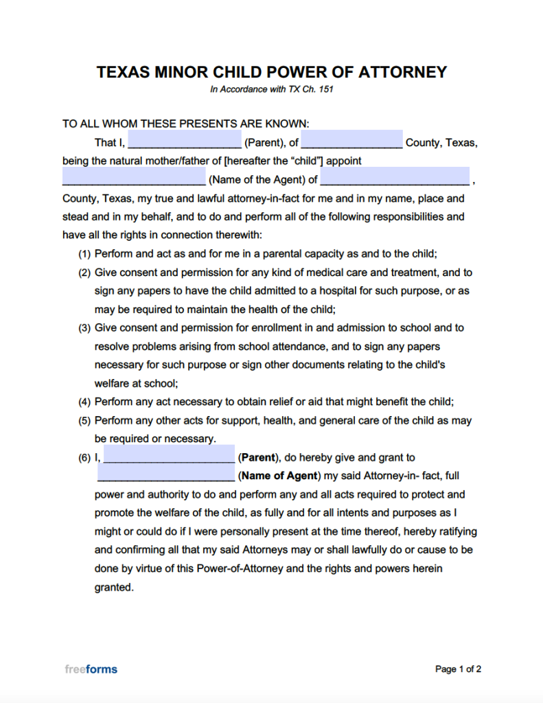 Free Texas Minor Child Power of Attorney Form PDF