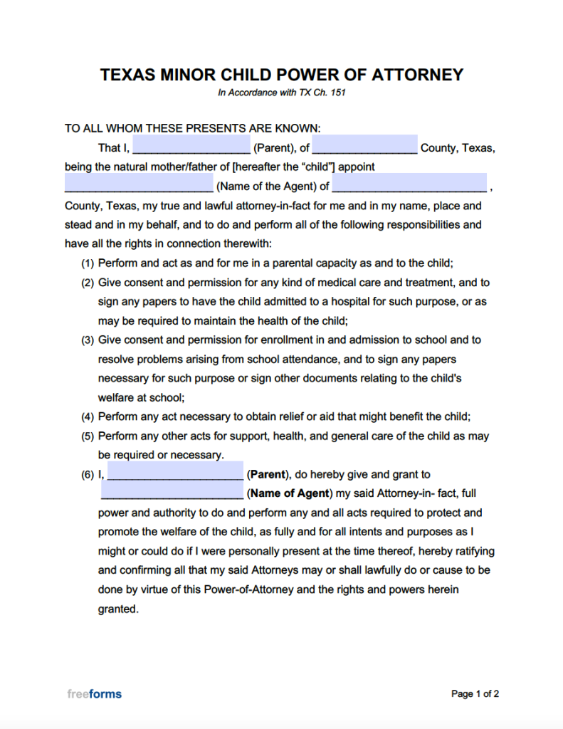 Free Texas Minor Child Power Of Attorney Form PDF