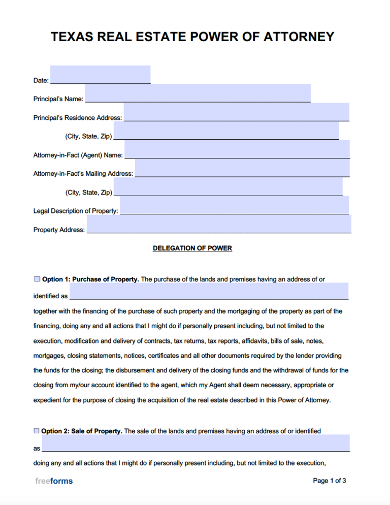 Free Texas Real Estate Power of Attorney Form PDF WORD