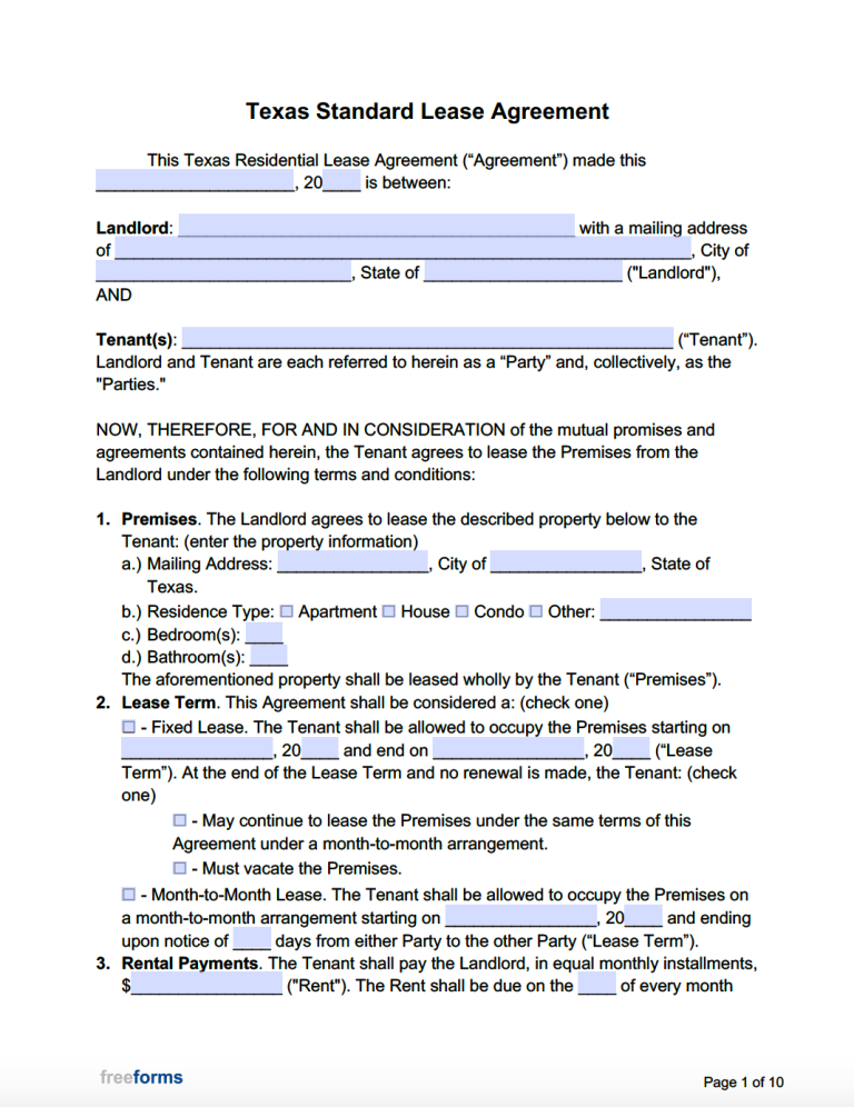 Free Texas Standard Residential Lease Agreement Template Pdf Word 7200