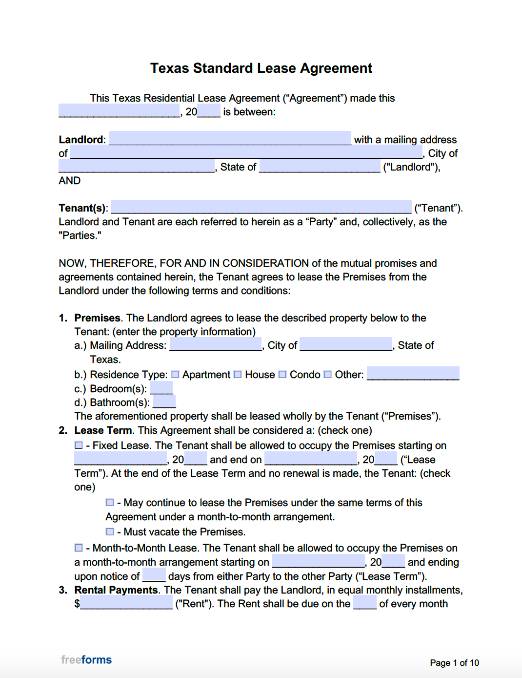 Free Texas Standard Residential Lease Agreement Template PDF WORD