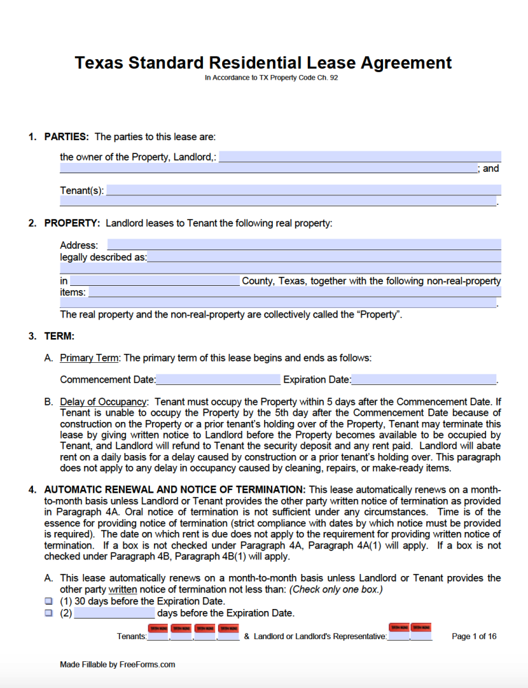 Fill In Blank Printable Texas Lease Agreement Pdf