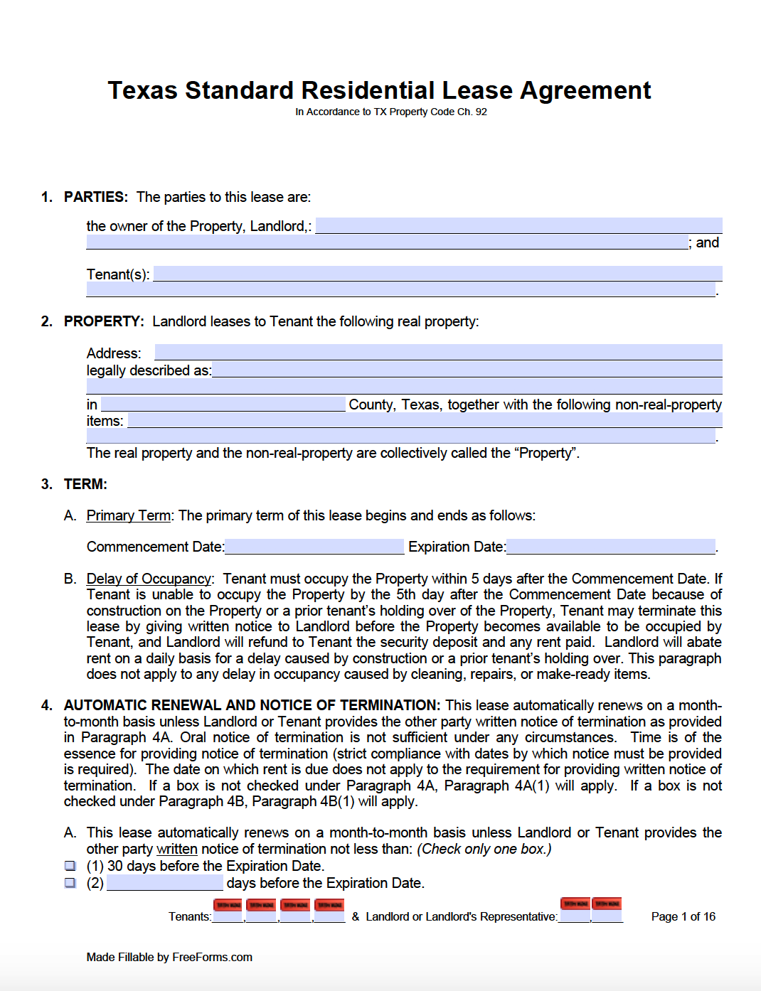 Free Printable Lease Agreement Texas