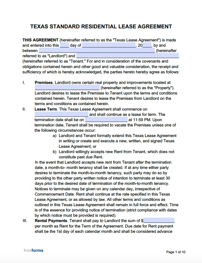 Free Texas Standard Residential Lease Agreement Template PDF WORD