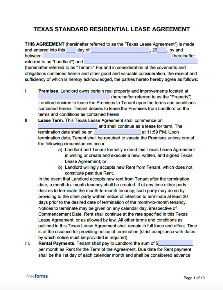 free texas standard residential lease agreement template pdf word