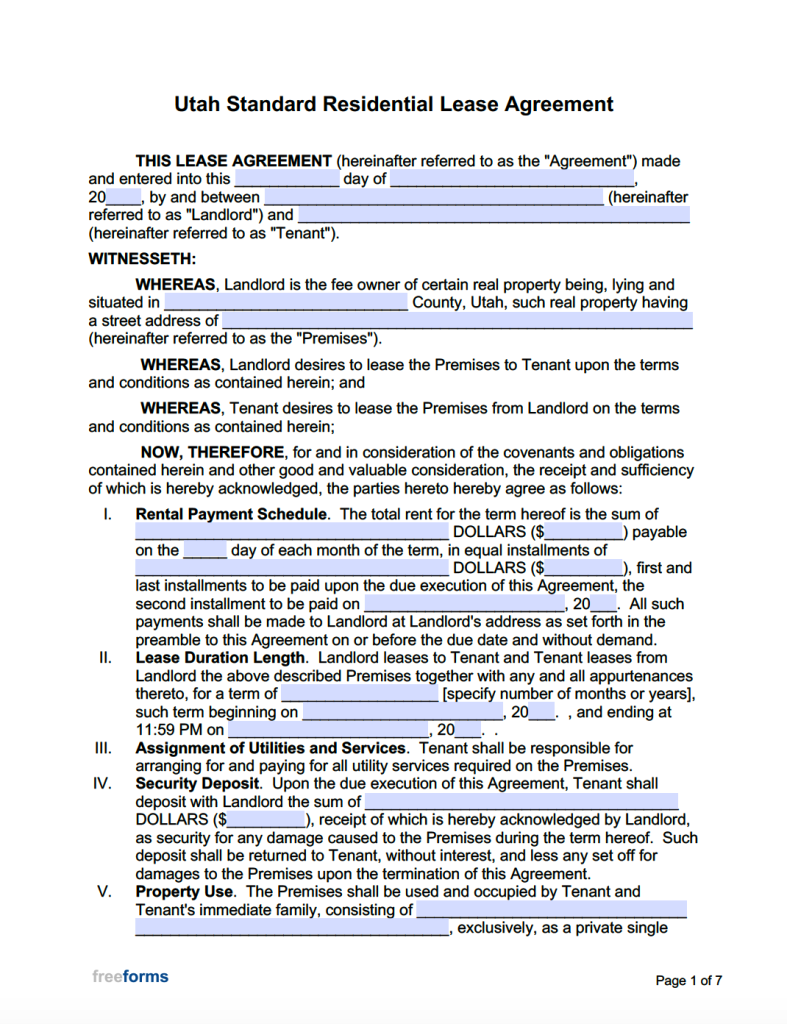 Free Utah Rental Lease Agreement Templates PDF