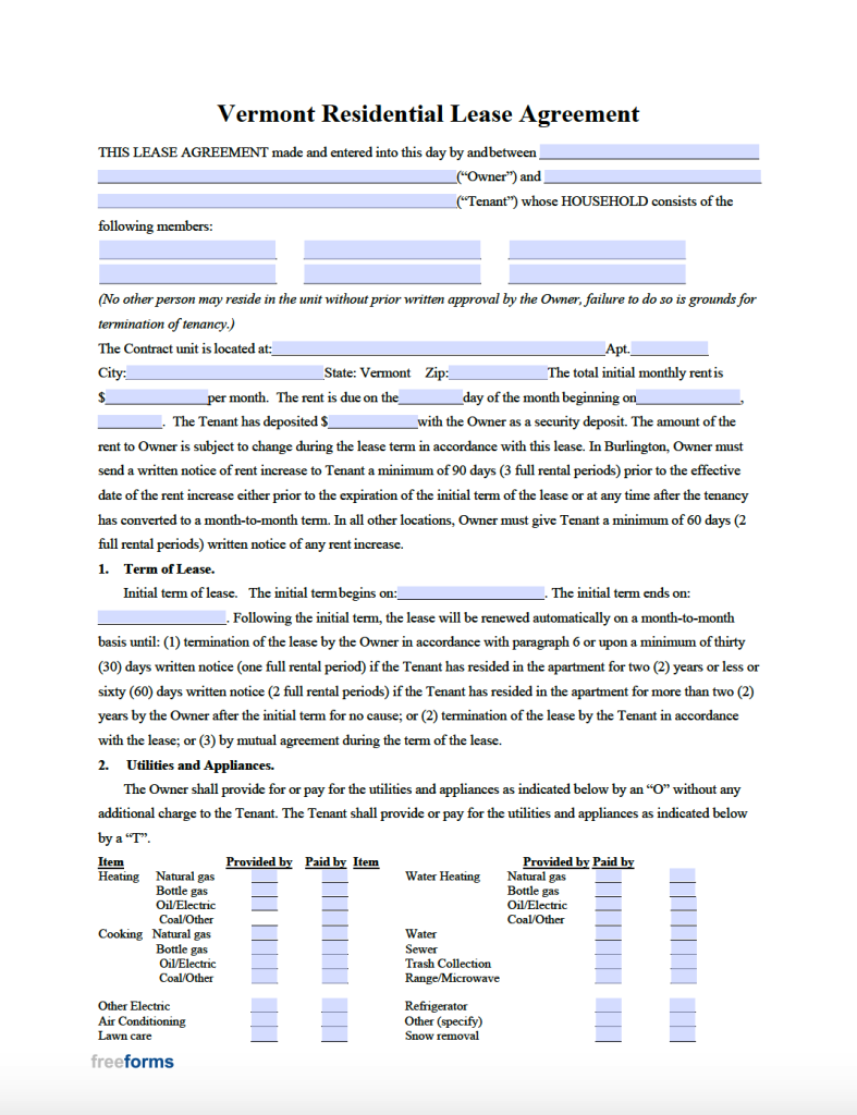 Free Vermont Standard Residential Lease Agreement Template PDF WORD