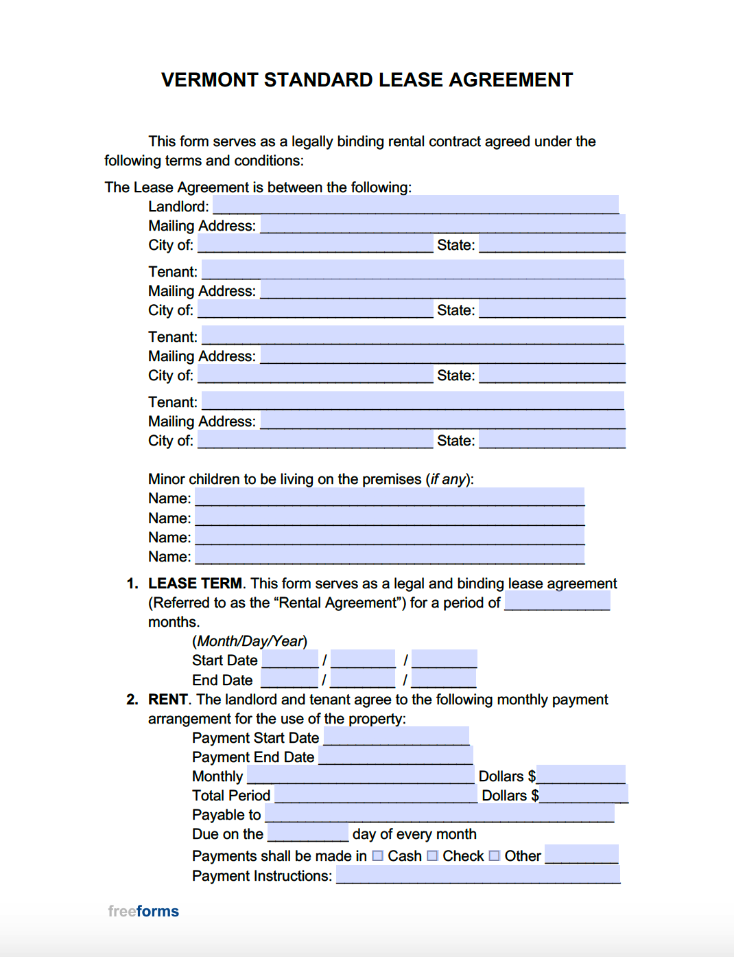 Free Vermont Standard Residential Lease Agreement Template PDF WORD
