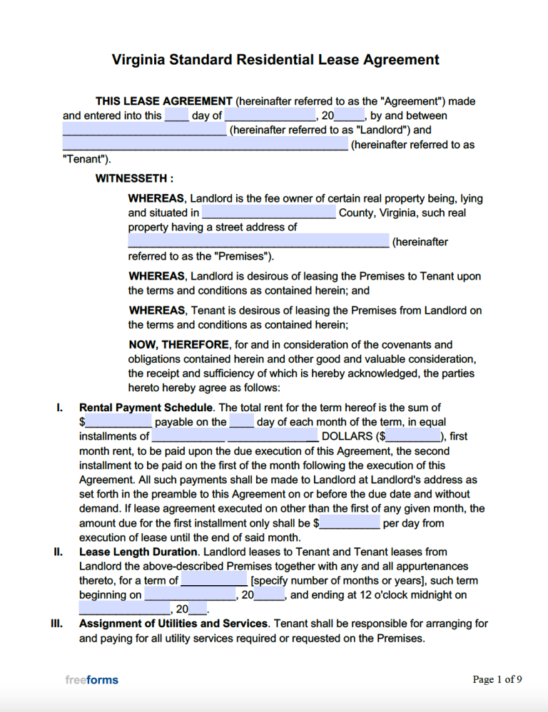 Free Virginia Standard Residential Lease Agreement Template PDF