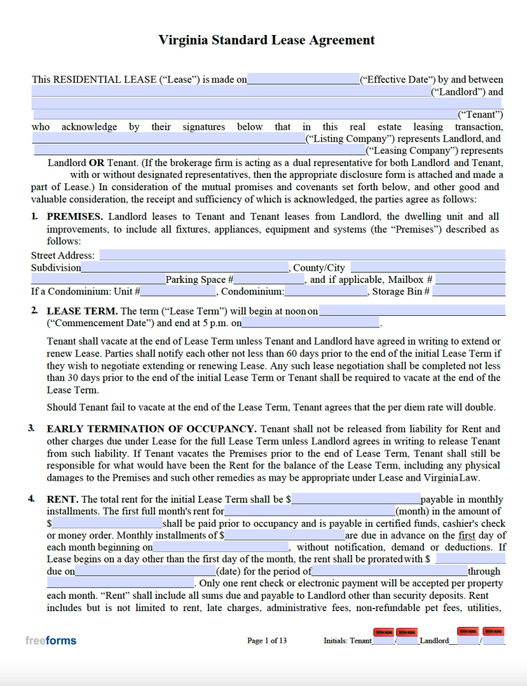 Free Virginia Standard Residential Lease Agreement Template PDF