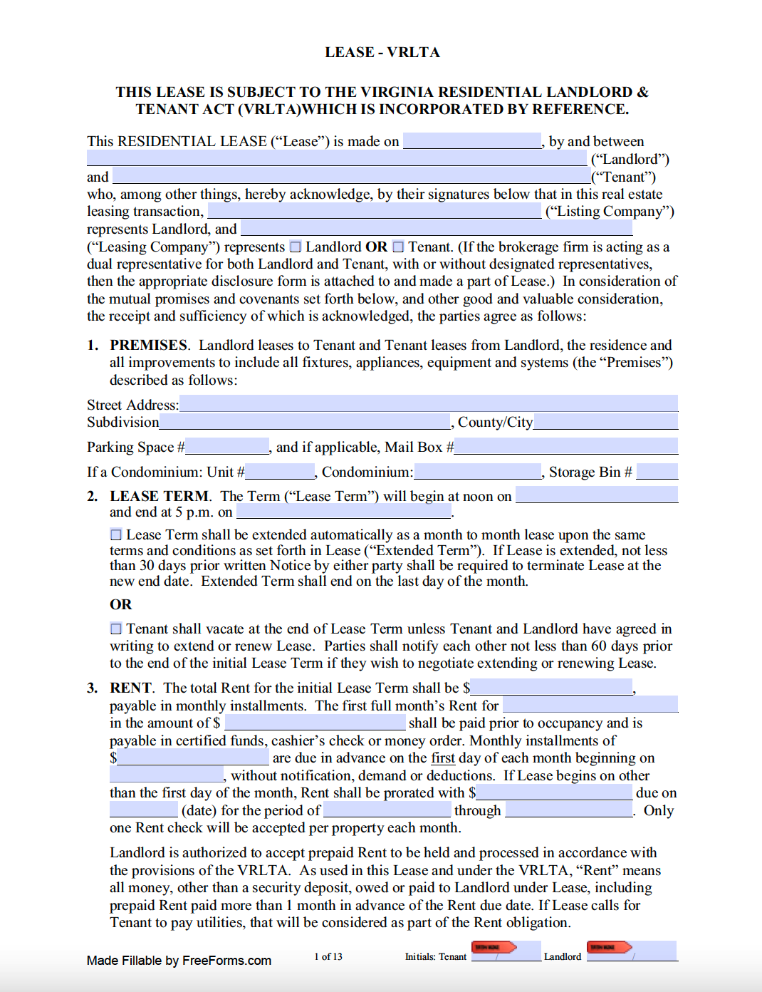 Free Virginia Standard Residential Lease Agreement Template PDF