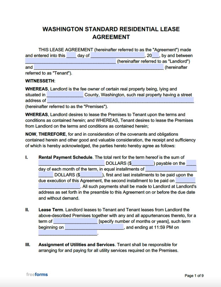Free Washington Standard Residential Lease Agreement Template PDF WORD