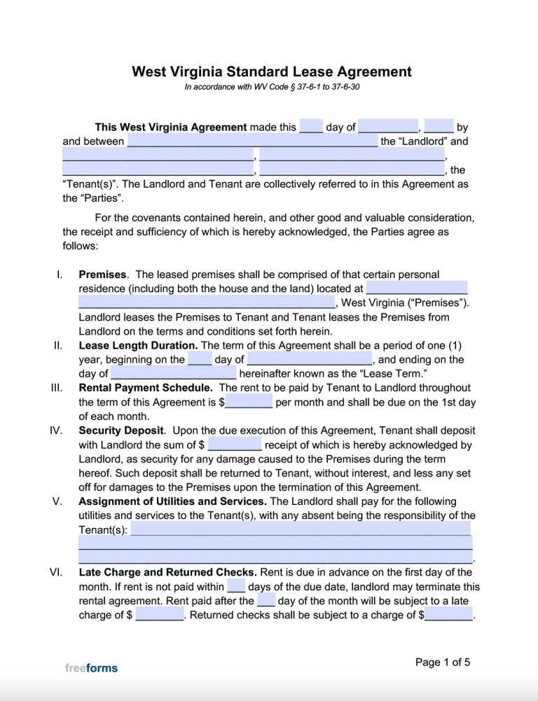 Free West Virginia Standard Residential Lease Agreement Template | PDF