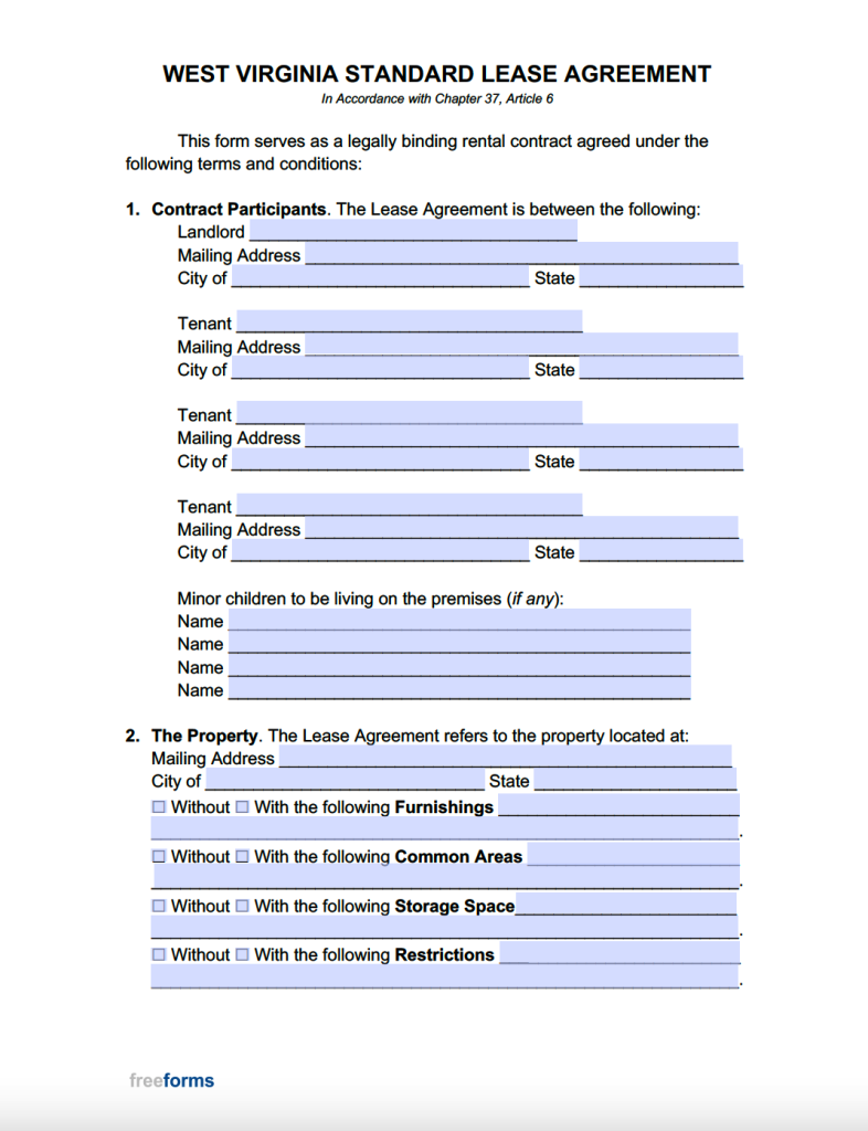 Free West Virginia Standard Residential Lease Agreement Template PDF