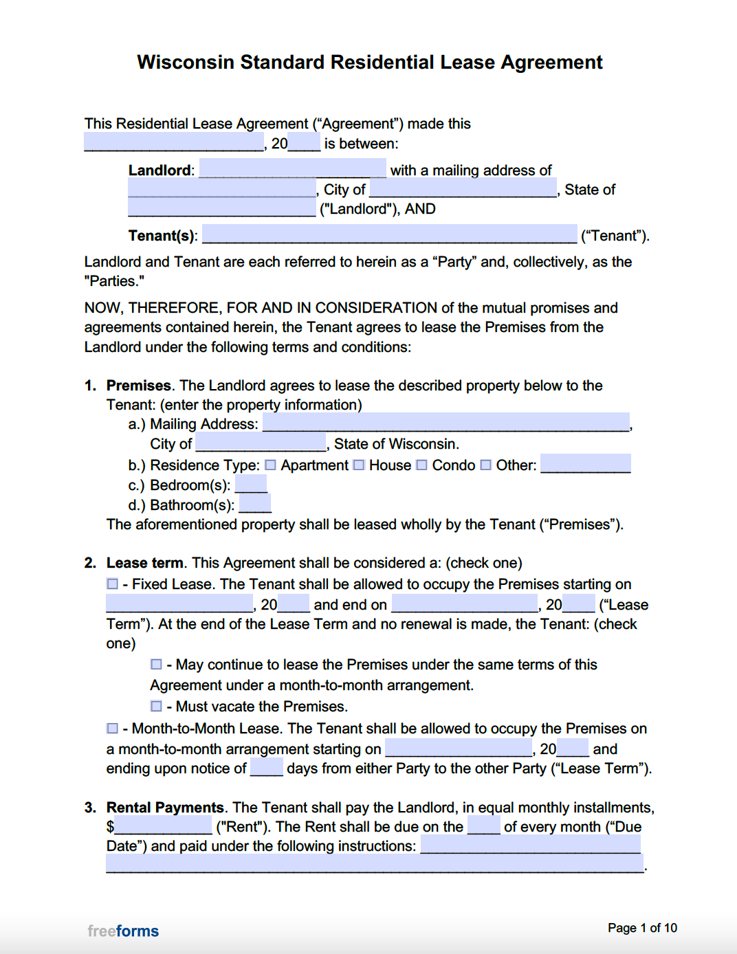 Free Wisconsin Standard Residential Lease Agreement Template PDF