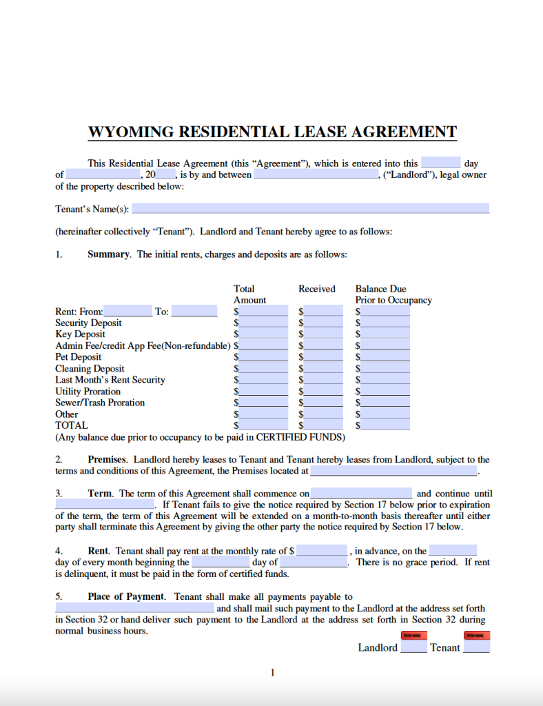 Free Wyoming Standard Residential Lease Agreement Template PDF