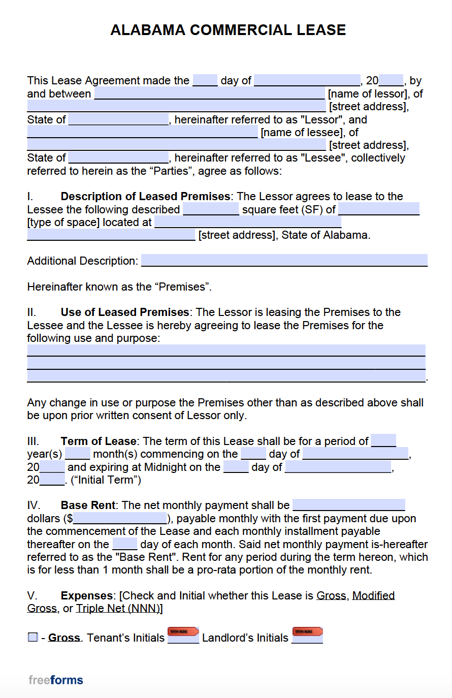 Free Alabama Commercial Lease Agreement Template PDF WORD