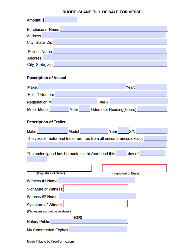 Free Rhode Island Boat (Vessel) Bill of Sale Form  PDF In Bill Of Sale Template Ri