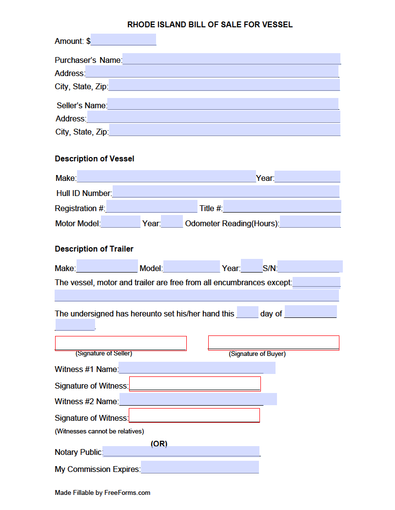 Free Rhode Island Boat (Vessel) Bill of Sale Form  PDF