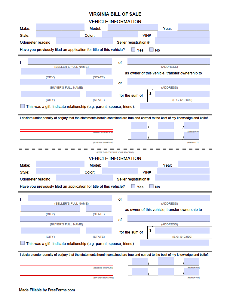 Free Virginia Motor Vehicle Dmv Bill Of Sale Form Pdf 1694