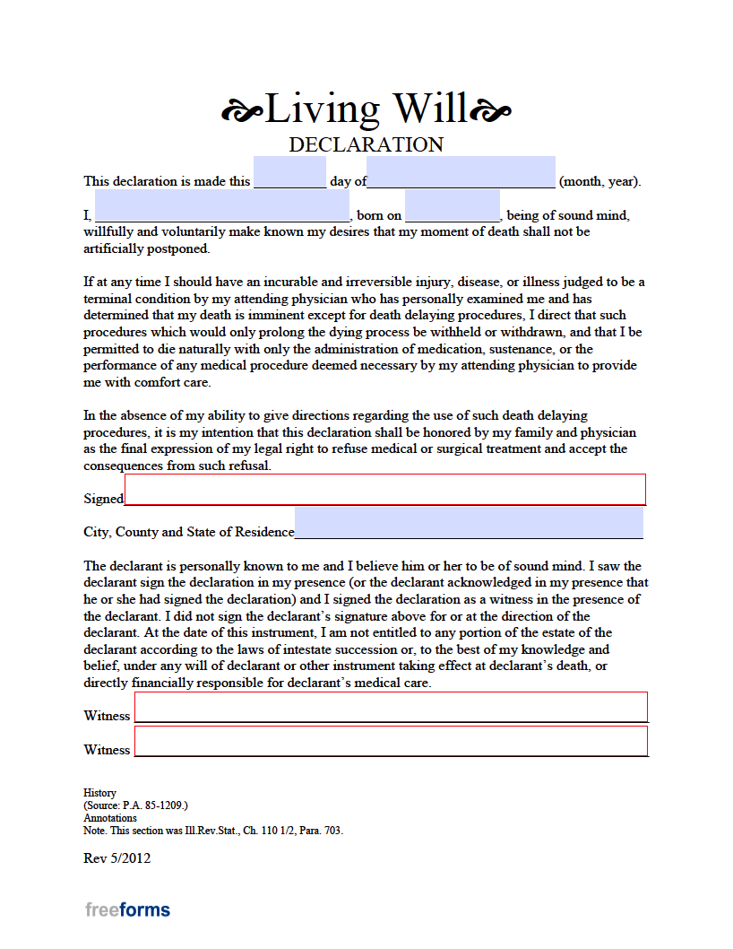 Free Illinois Living Will Form PDF