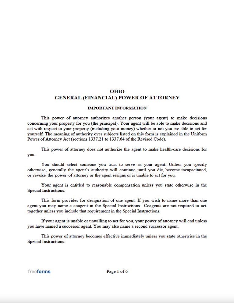 Free Ohio General (Financial) Power of Attorney Form PDF