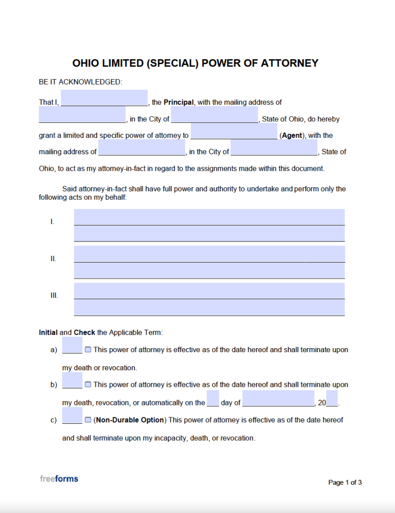 Free Ohio Limited Special Power Of Attorney Form PDF WORD