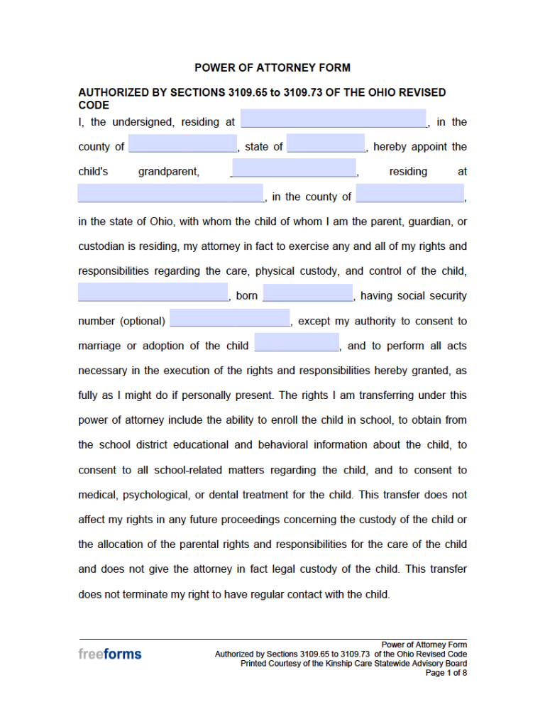 Free Ohio Minor Child Power of Attorney Form PDF