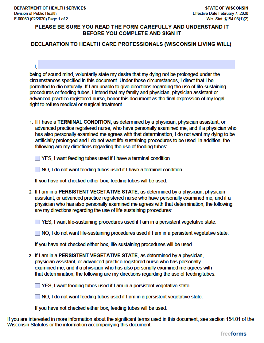 Free Wisconsin Living Will Form | PDF
