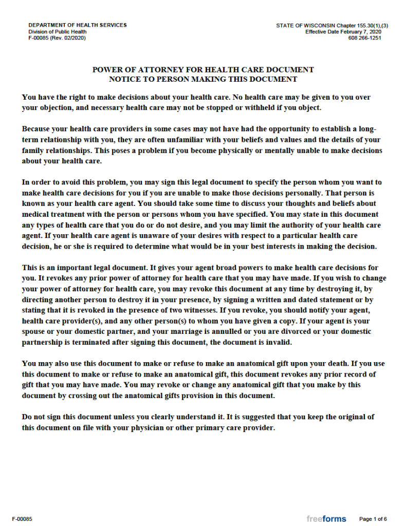 Free Wisconsin Medical Power of Attorney Form | PDF