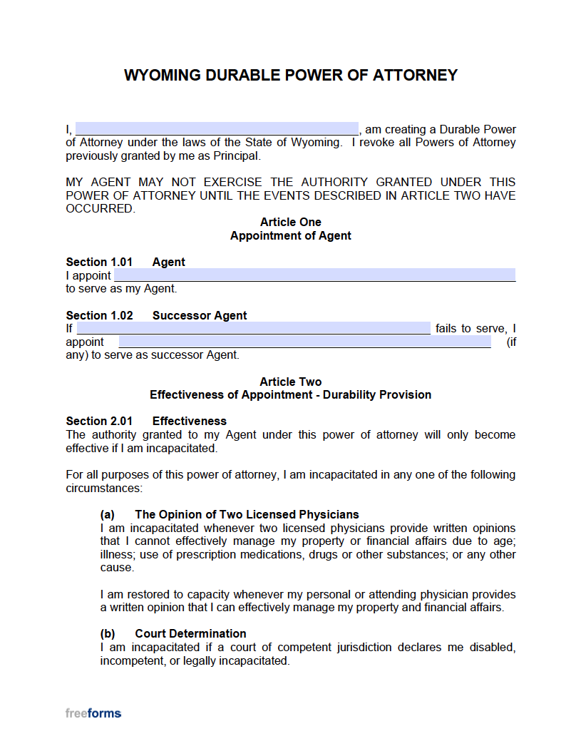 Free Wyoming Durable (financial) Power Of Attorney Form 