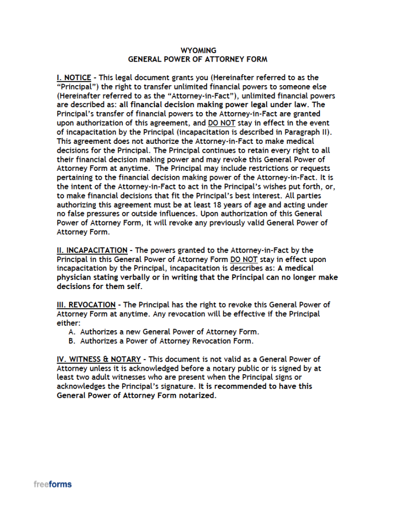 Free Wyoming General (Financial) Power of Attorney Form PDF WORD