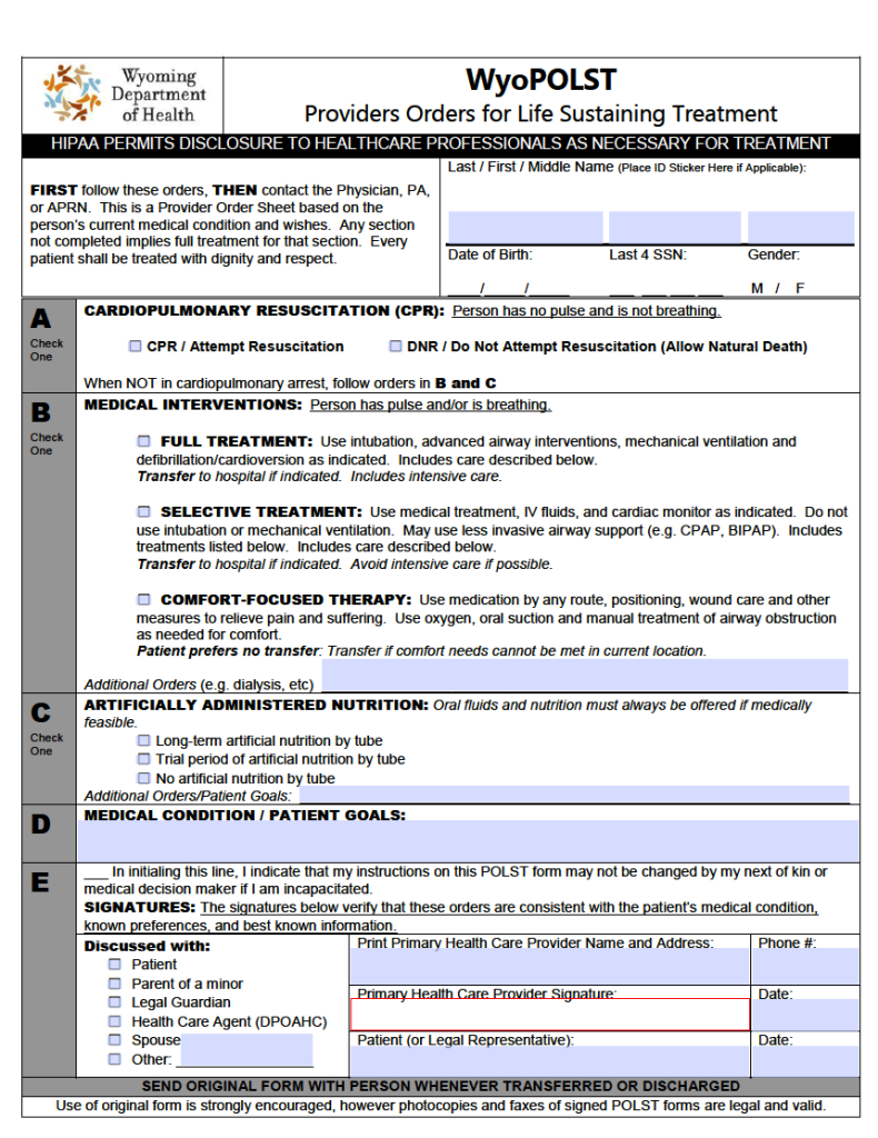 Free Wyoming Advance Directive Form (Medical POA & Living Will) PDF