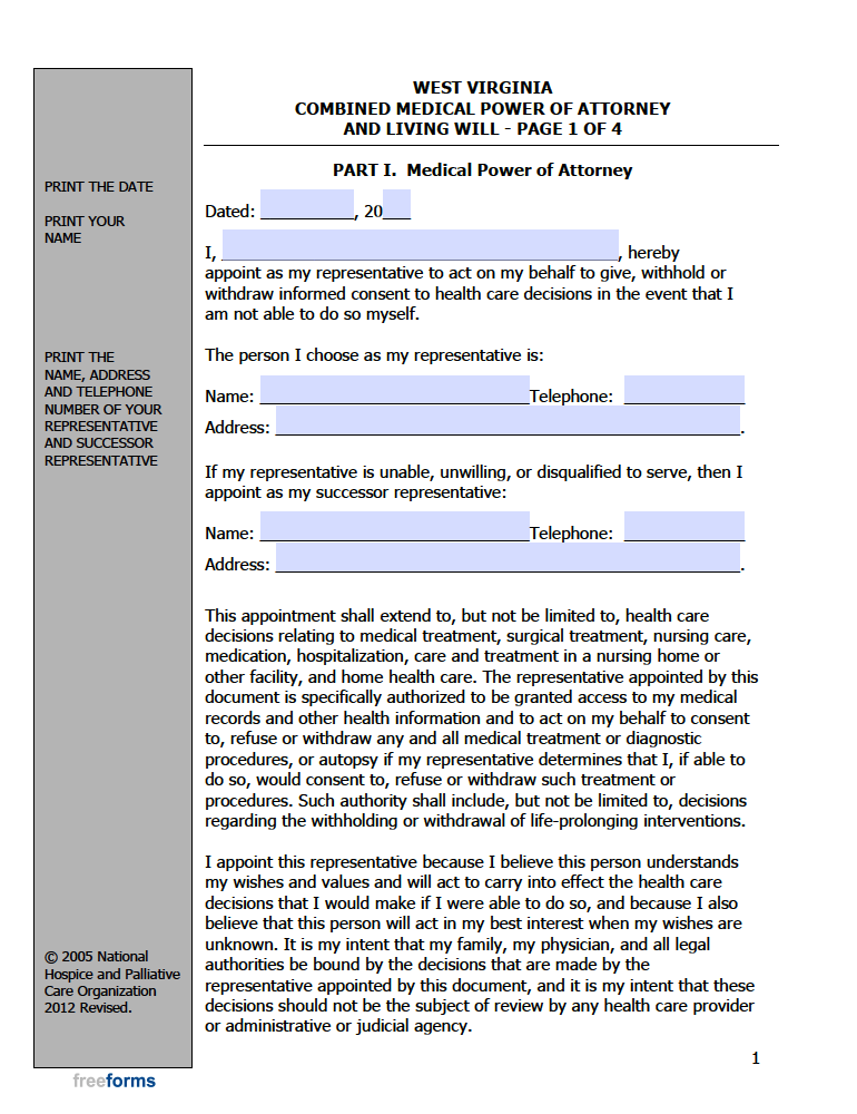 Free West Virginia Advance Directive Form (Medical POA &amp; Living Will) | PDF