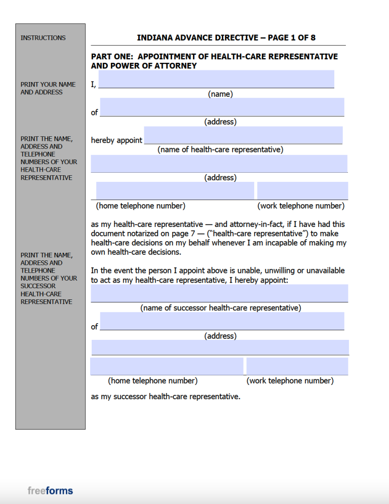 Free Indiana Advance Directive (Medical POA & Living Will) Form PDF