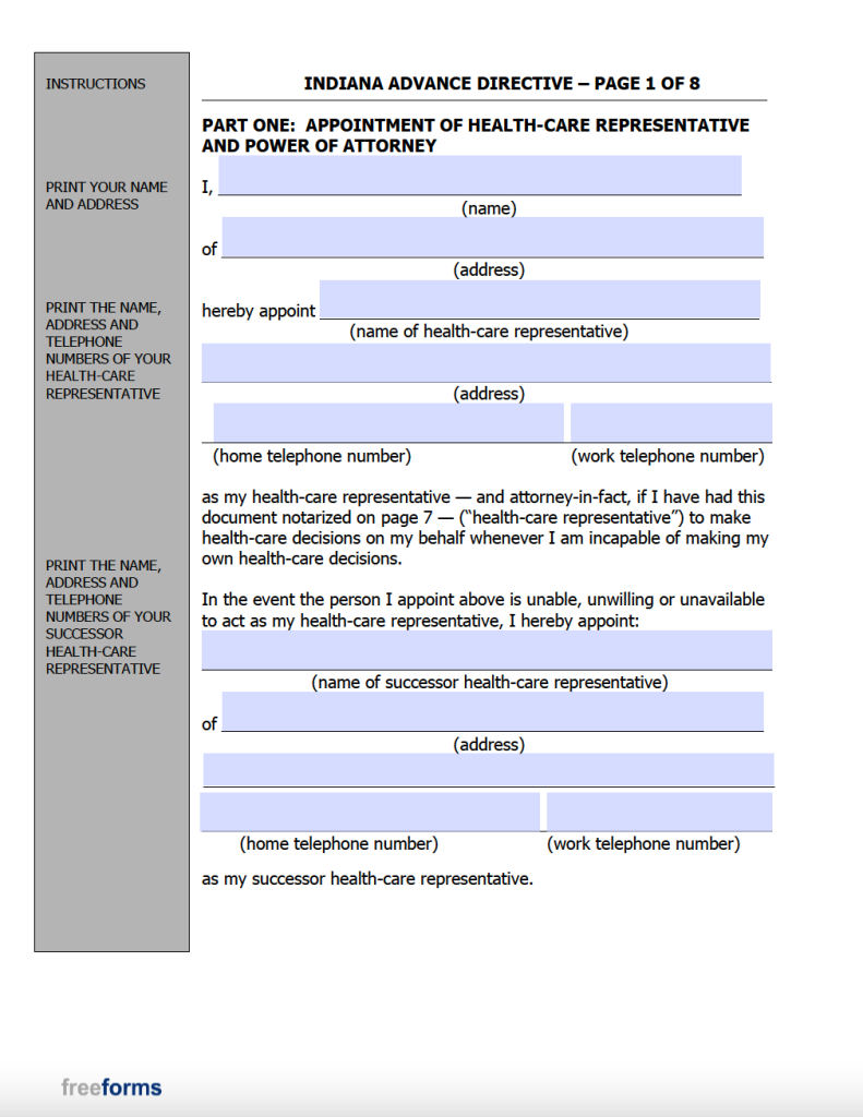 Free Indiana Advance Directive (Medical POA & Living Will) Form PDF