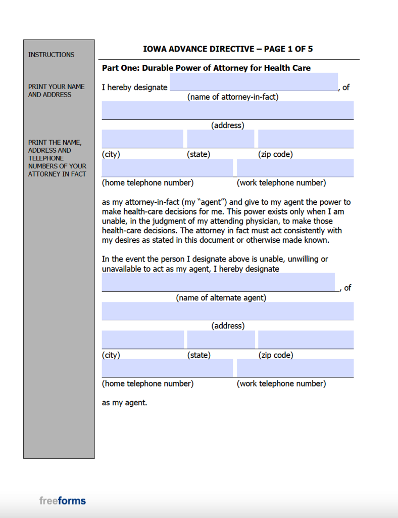Free iowa advance directive medical poa living will form pdf
