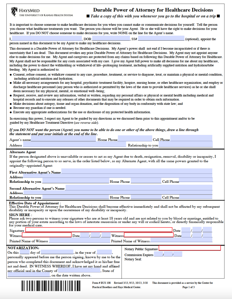 Free Kansas Advance Directive (Medical POA & Living Will) Form | PDF