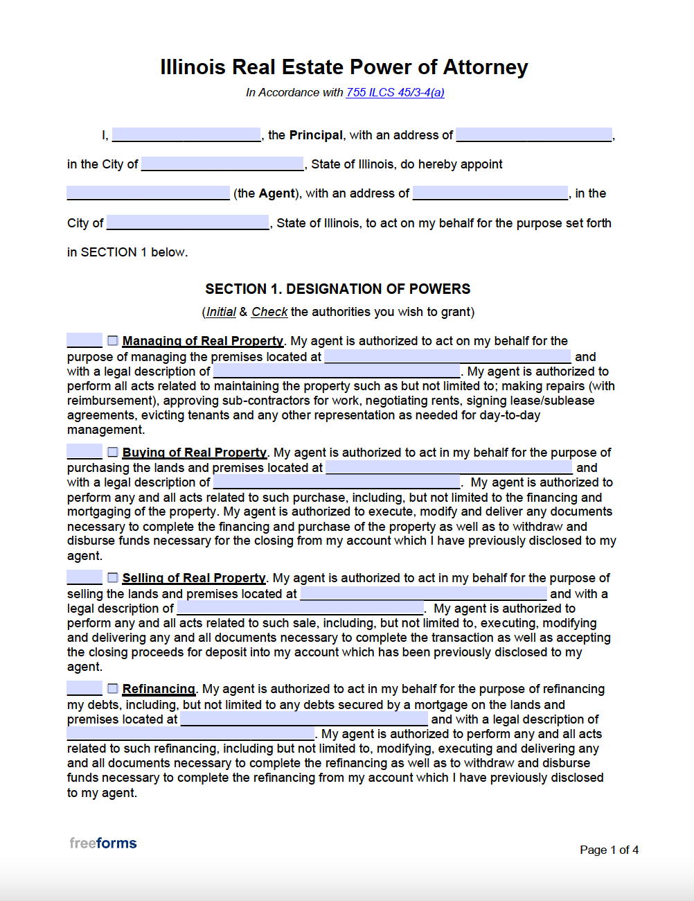 Free Illinois Real Estate Power of Attorney Form PDF WORD