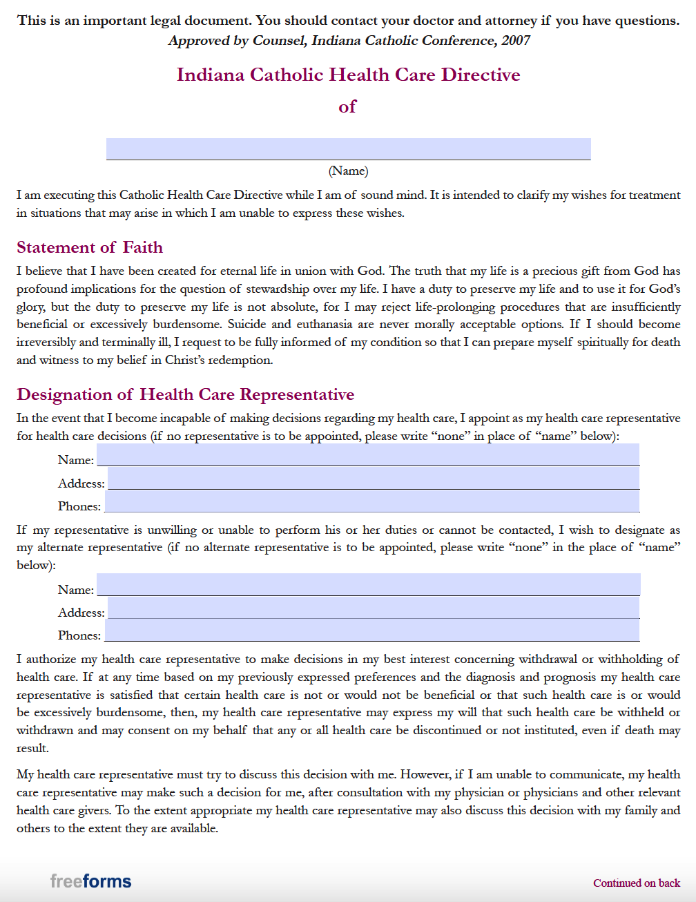Free Indiana Advance Directive (Medical POA & Living Will) Form PDF