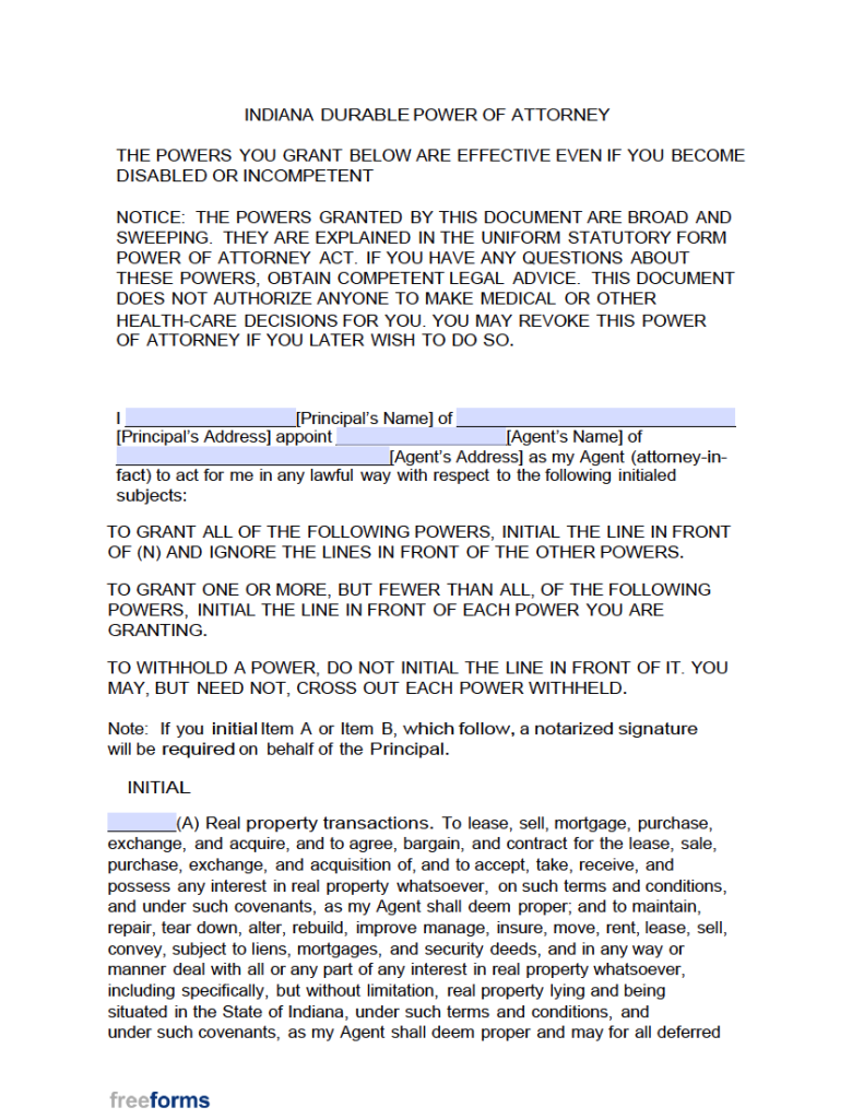 Free indiana durable financial power of attorney form pdf word