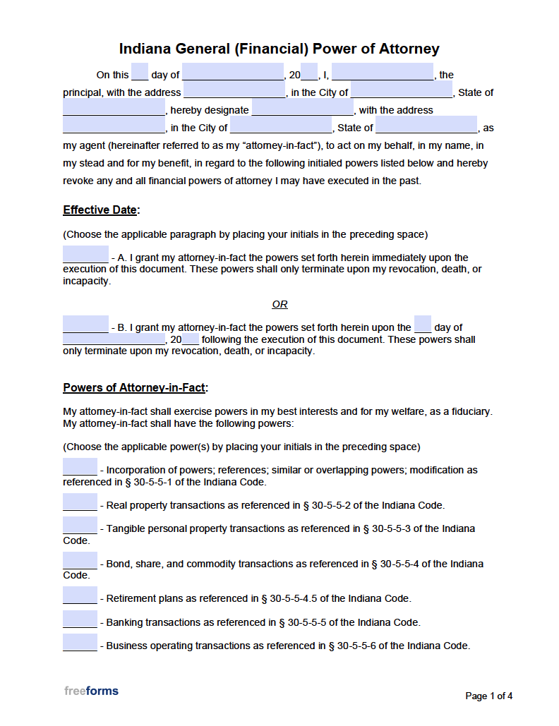 Free Indiana Durable Financial Power Of Attorney Form PDF WORD