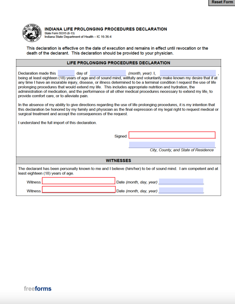 Free Indiana Living Will Declaration Form 55316 Word 7042