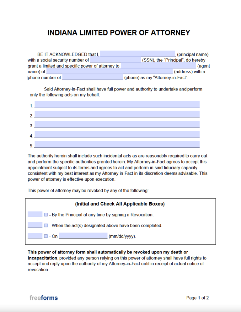 Free Indiana Limited Special Power Of Attorney Form Pdf Word