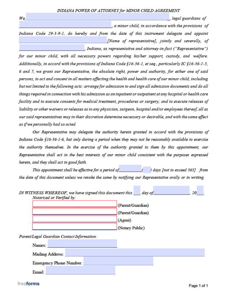 Free Indiana Minor Child Power of Attorney Form PDF WORD
